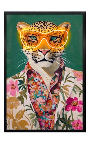 Cuadro leopardo con gafas y luz LED sobre lienzo